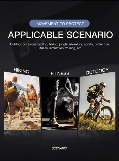 Product advertisement with scenarios including hiking, fitness, and outdoor activities on a dark background.