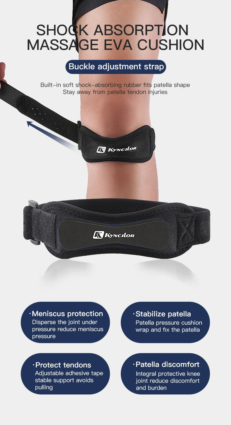 Knee brace with shock absorption massage EVA cushion and buckle adjustment strap on a white background