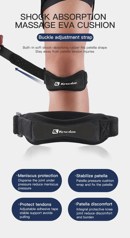 Knee brace with shock absorption massage EVA cushion and buckle adjustment strap on a white background
