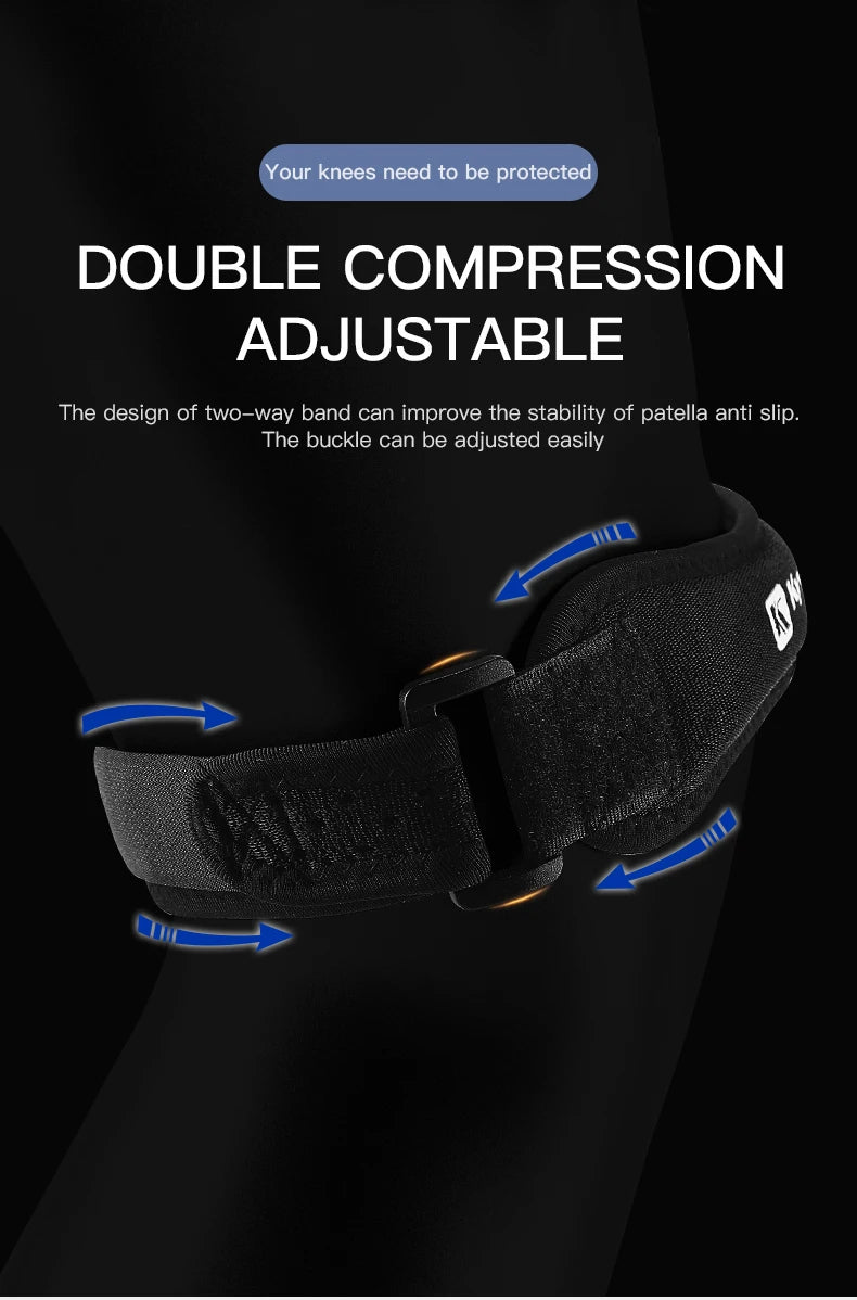 Black knee brace with adjustable strap on a black background, featuring text about double compression and adjustability.