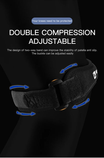 Black knee brace with adjustable strap on a black background, featuring text about double compression and adjustability.