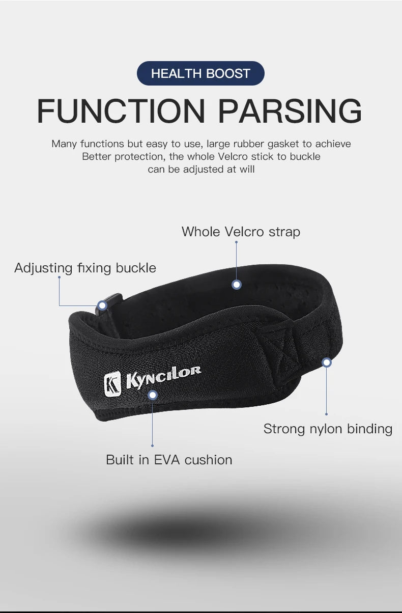 Black headband with Kyncilor branding on a white background, featuring text about product features.